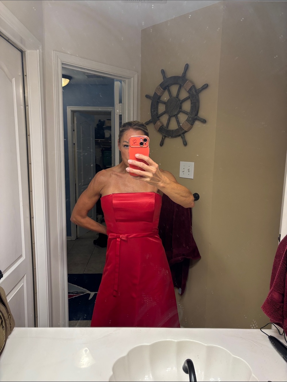 Elegant Red Strapless satin Dress with wrap
